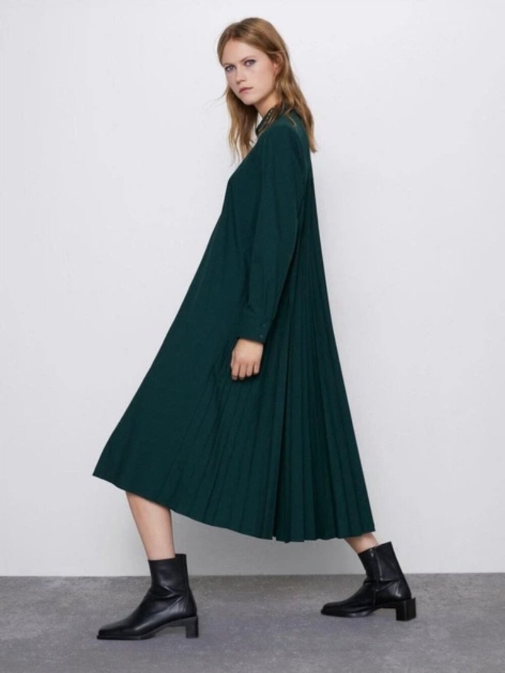 NWOT ZARA WOMEN'S PLEATED FLOWY SHIRT DRESS MIDI 7563/255